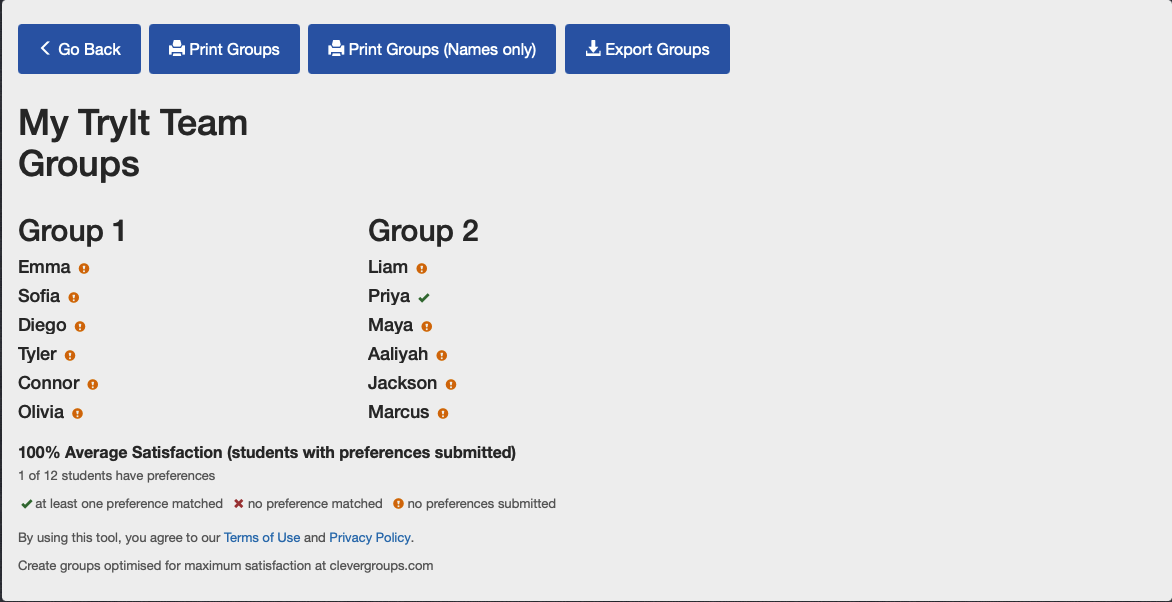 Display Groups view showing a clean full-screen layout of generated groups