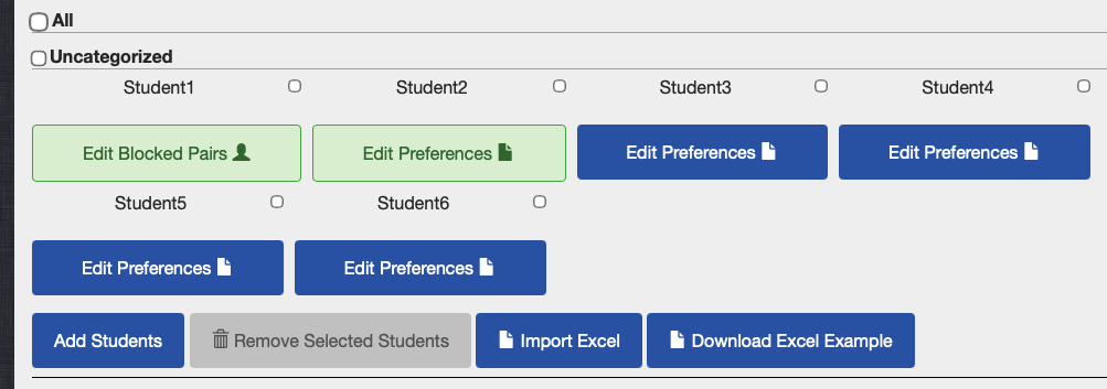 Student list showing green Edit Preferences buttons where preferences have been submitted
