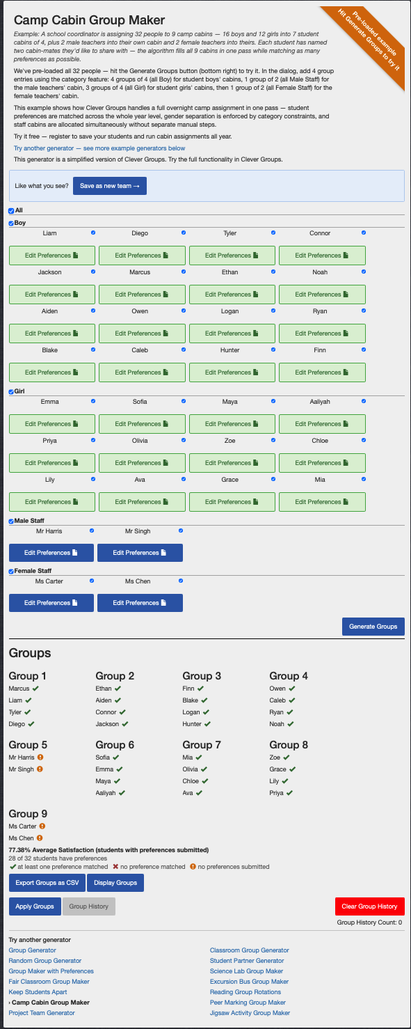 Example of a /try/ scenario page pre-loaded with sample students